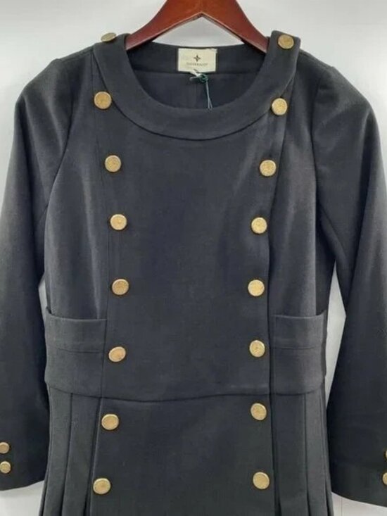 Tuckernuck Women's Black Whitney Mini Dress Pleated Gold Button Drop Waist sz M - Picture 3 of 9